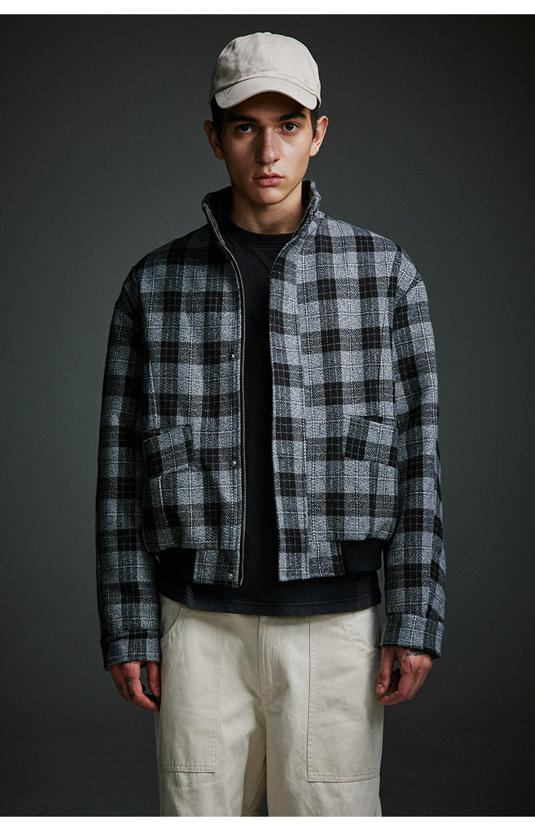 Men's Clothing Retro Stand Collar Plaid Woolen Coat Vintage Design Cotton Coat_voghion.com