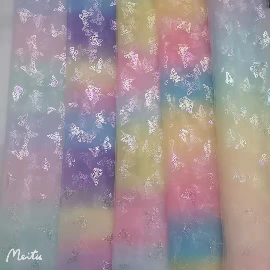 现货供应~手感细腻特密美国网渐变色幻彩蝴蝶烫金 仙美款网纱面料