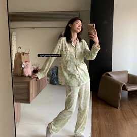 花淡纹绿睡衣正版莫奈花园8.0春秋柔软居服长袖长裤棉睡衣法