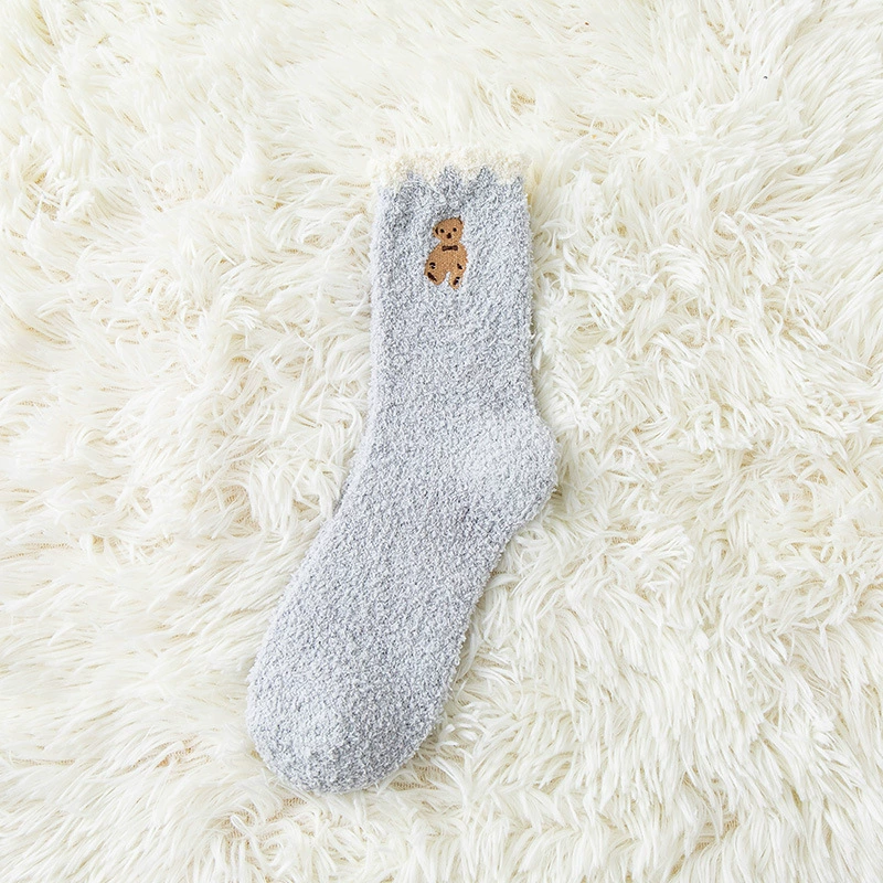 Coral velvet demi-season keep warm cartoon knee socks, with little bears, with embroidery, mid-length, increased thickness