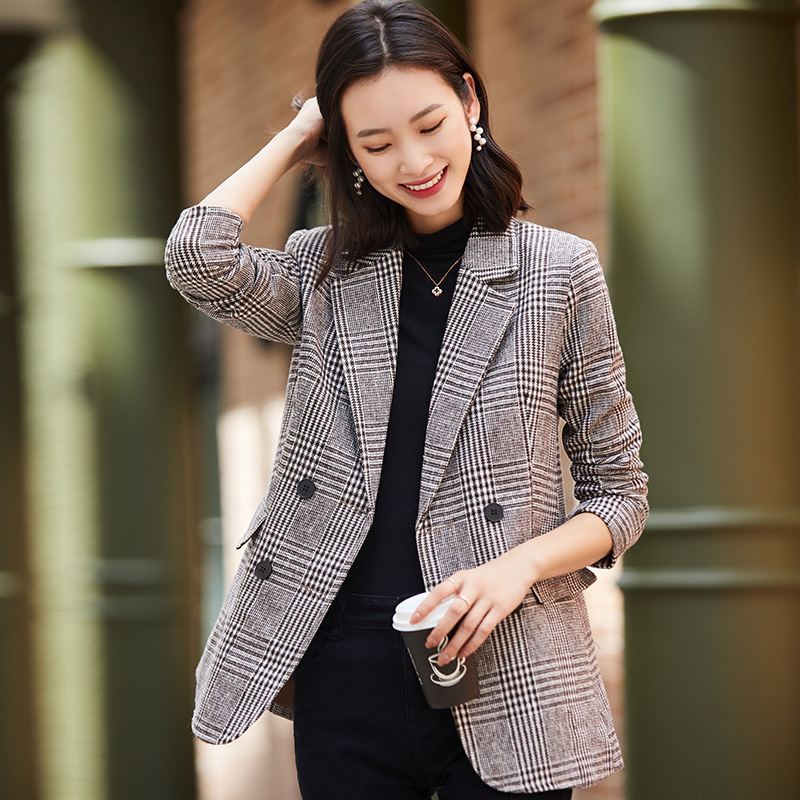 Double-breasted Checkered Casual Blazer Image 4