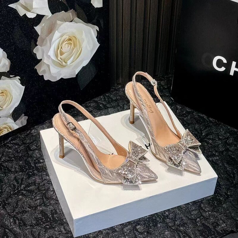 New Autumn High Heels with Thin Heels and Pointed Toes, Large Size 42, Crystal Bow, Summer Closed-Toe Backless Women's Sandals, Wedding Shoes