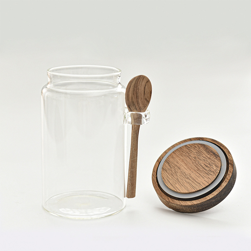 Tanque de vidrio sellado japonés, tanque de almacenamiento de granos de café doméstico con botella de condimento de cuchara de madera, tanque de almacenamiento de alimentos de cocina mayorista