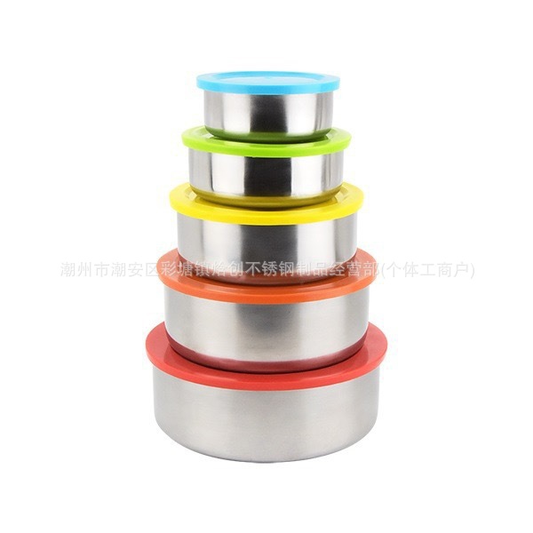 Venta directa de fábrica, juego de cinco recipientes de acero inoxidable para almacenar alimentos con tapas, recipientes redondos sellados para refrigerador, estilo simple para uso doméstico.