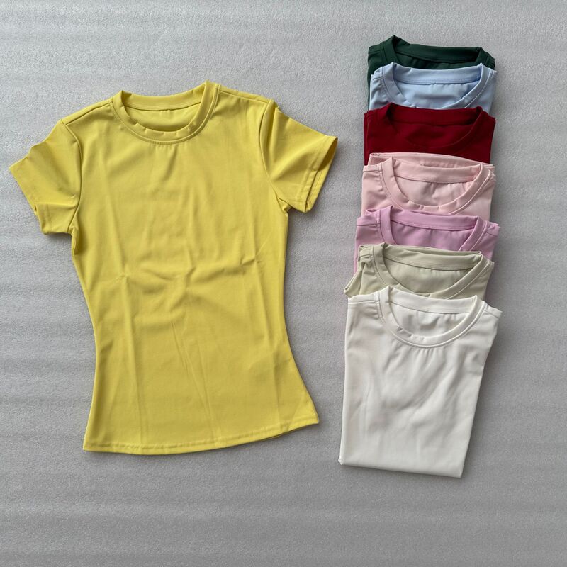 Quick-dry slim-fit yoga short-sleeve women's summer solid color sports top fitness wear round-neck cropped T-shirt cross-border in stock Quick-dry slim-fit yoga short-sleeve women's summer solid color sports top fitness wear round-neck cropped T-shirt cross-border in stock