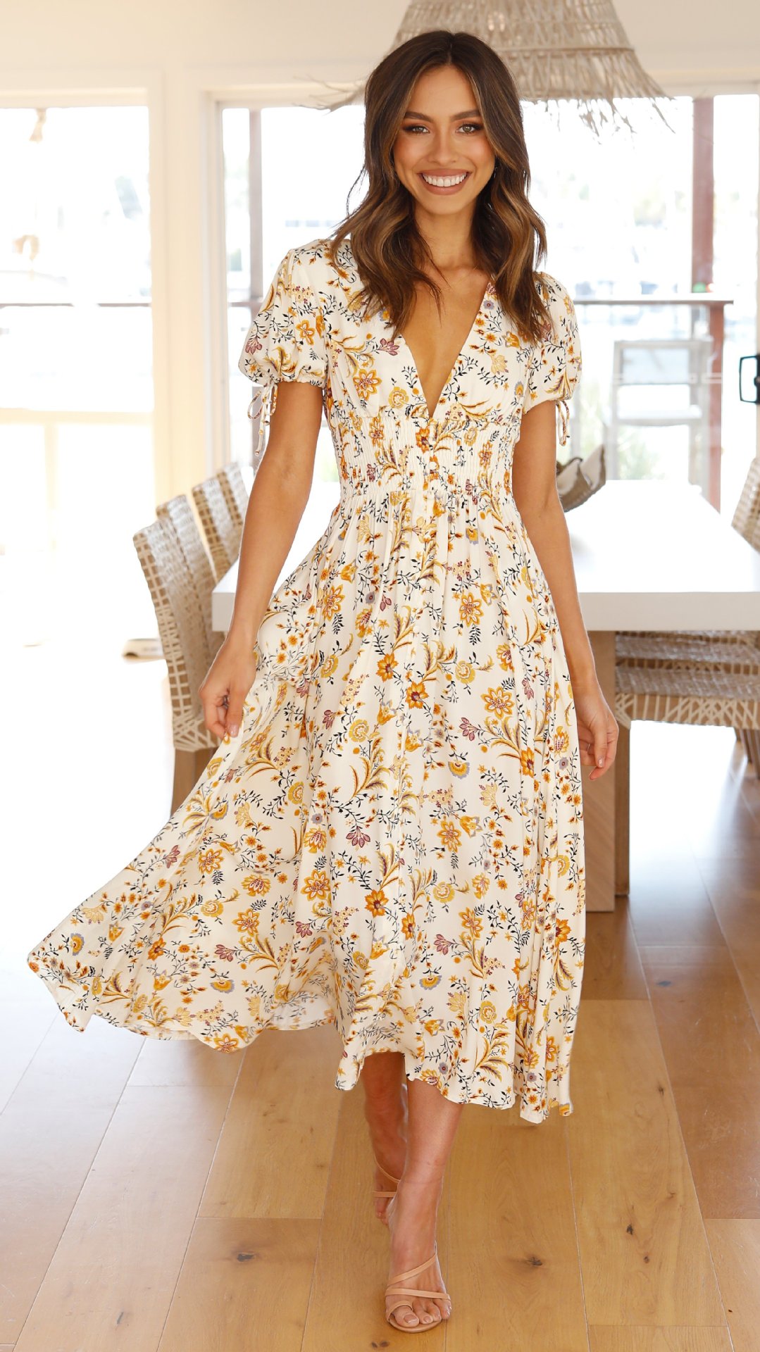 short-sleeved floral printed V-neck large swing dress NSHFC125582