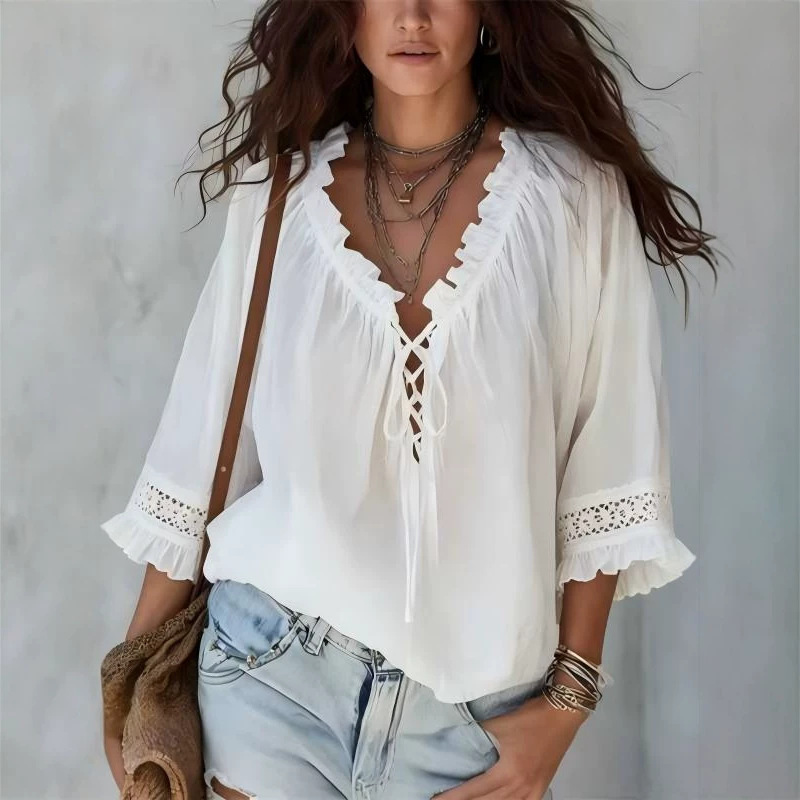 European and American Cross-Border Bohemian Vacation Style V-Neck Tie-Up Ruffled Shirt for Women, Loose-Fitting Three-Quarter Sleeves with Hollow Lace European and American Cross-Border Bohemian Vacation Style V-Neck Tie-Up Ruffled Shirt for Women, Loose-Fitting Three-Quarter Sleeves with Hollow Lace
