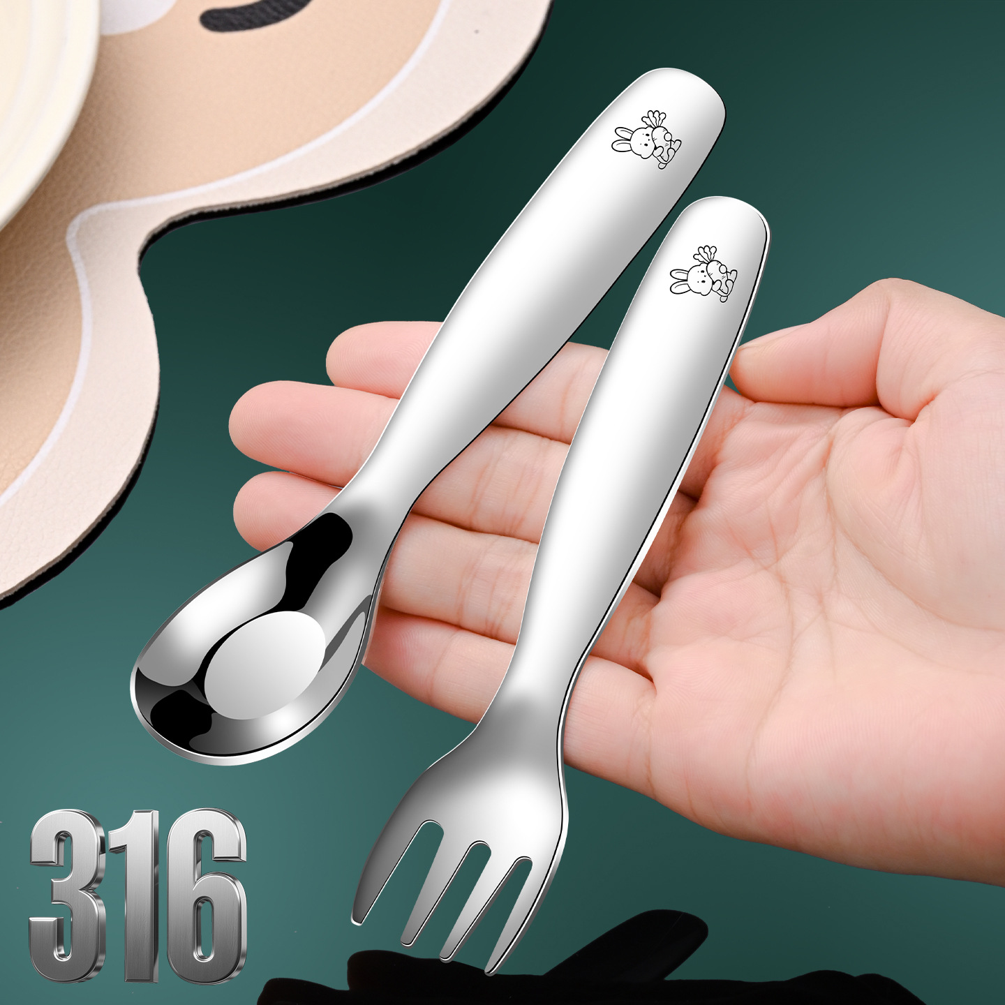 Cartoon 316 Stainless Steel Short Handle Spoon Baby Kidsren's Fork Eating Training Independent Eating Spoon Portable Tableware