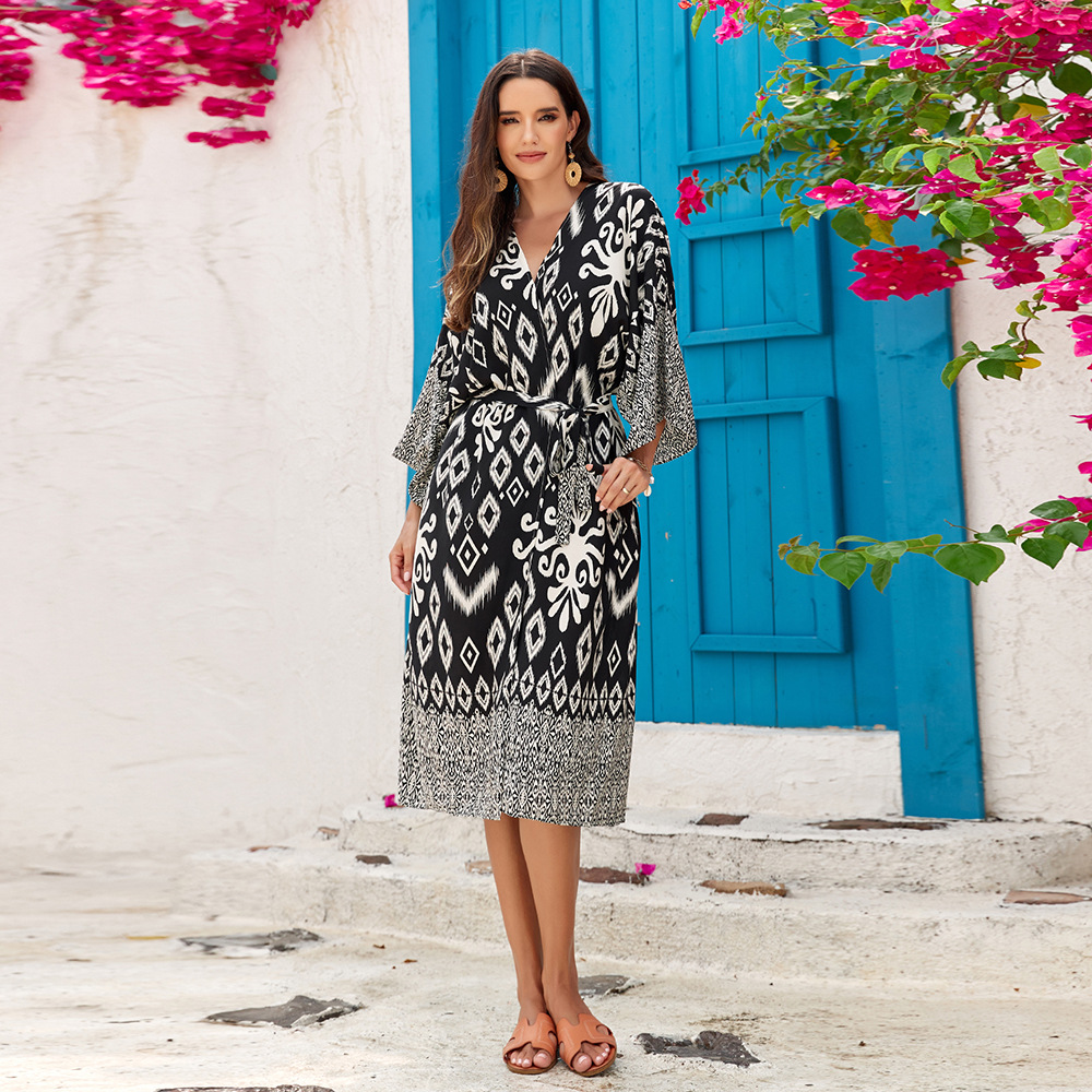 3-color transfronterizo europeo y americano playa chal rayón impreso cardigan bikini protección solar camisa vacaciones playa falda 3813