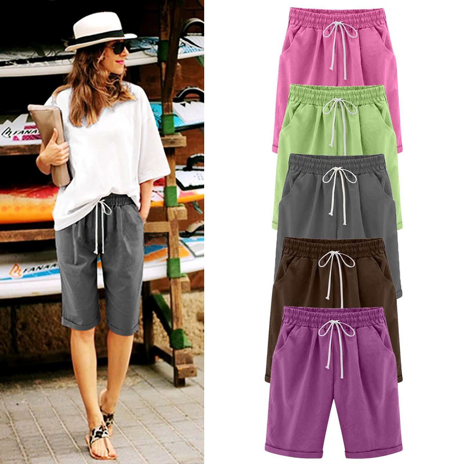 2022 летние повседневные брюки Amazon, женские брюки с пятью точками, тонкая верхняя одежда, брюки больших размеров, женские пухленькие девушки, свободные женщины