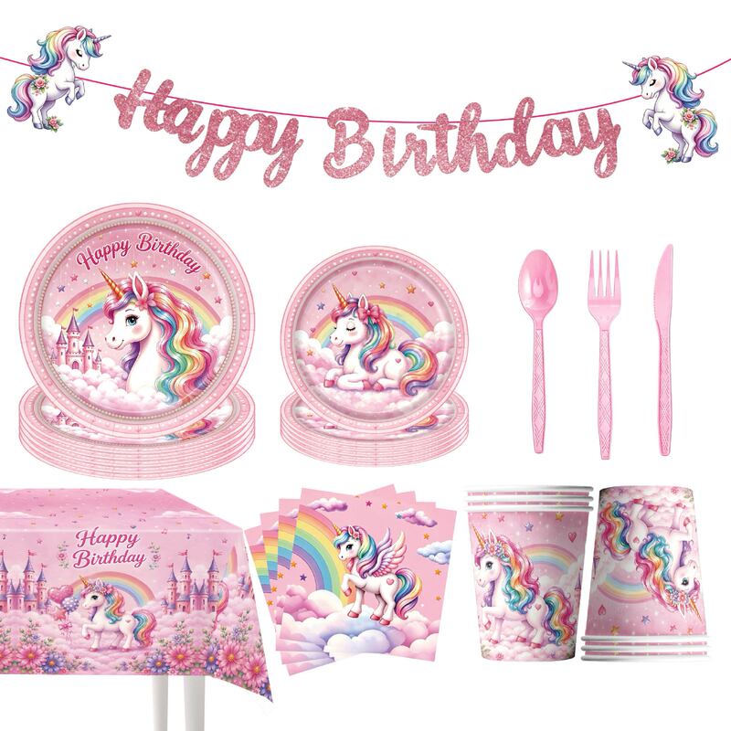 Amazon's new pink unicorn-themed birthday party decorations and disposable tableware set, including paper plates
