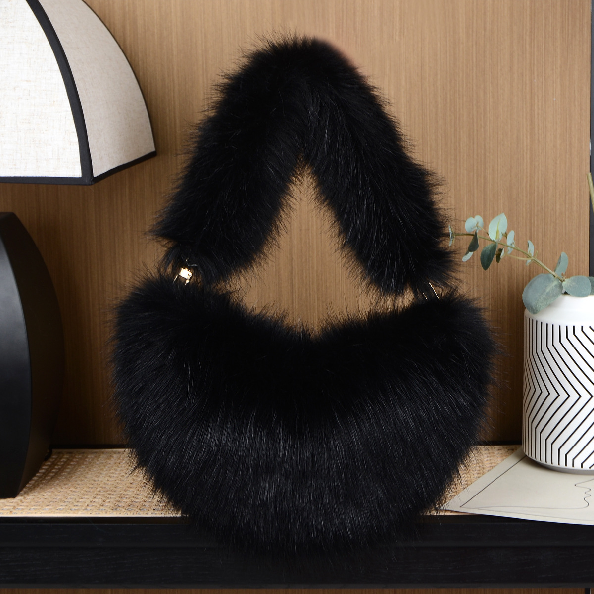 Fashion women's bags solid color plush messenger bag women's wool semi circular dumpling bag handbag_voghion.com