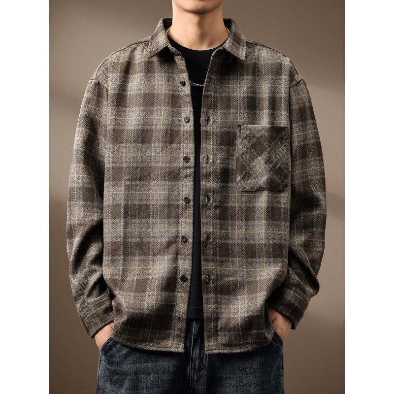 Factory direct sale plaid shirt, autumn and winter heavy brushed vintage brown turn-down collar versatile couple's jacket, trendy Factory direct sale plaid shirt, autumn and winter heavy brushed vintage brown turn-down collar versatile couple's jacket, trendy