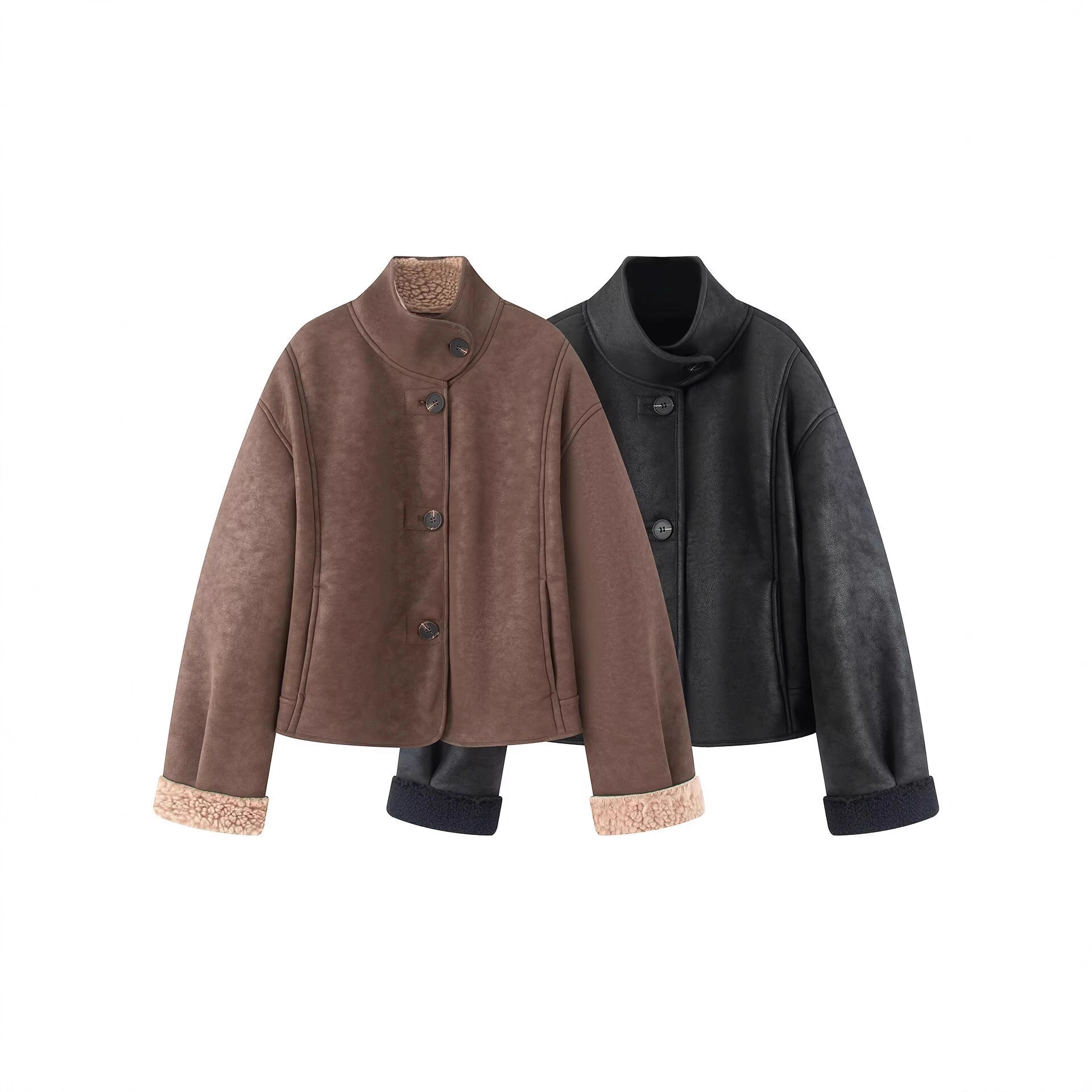 欧美跨境高领反绒皮双面欧美冬季速卖通夹克外套女装新品