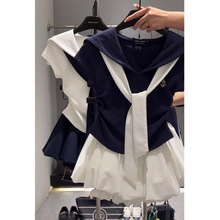 韩系一整套海军领休闲运动服套装女夏季假两件披肩+短裙两件套ins