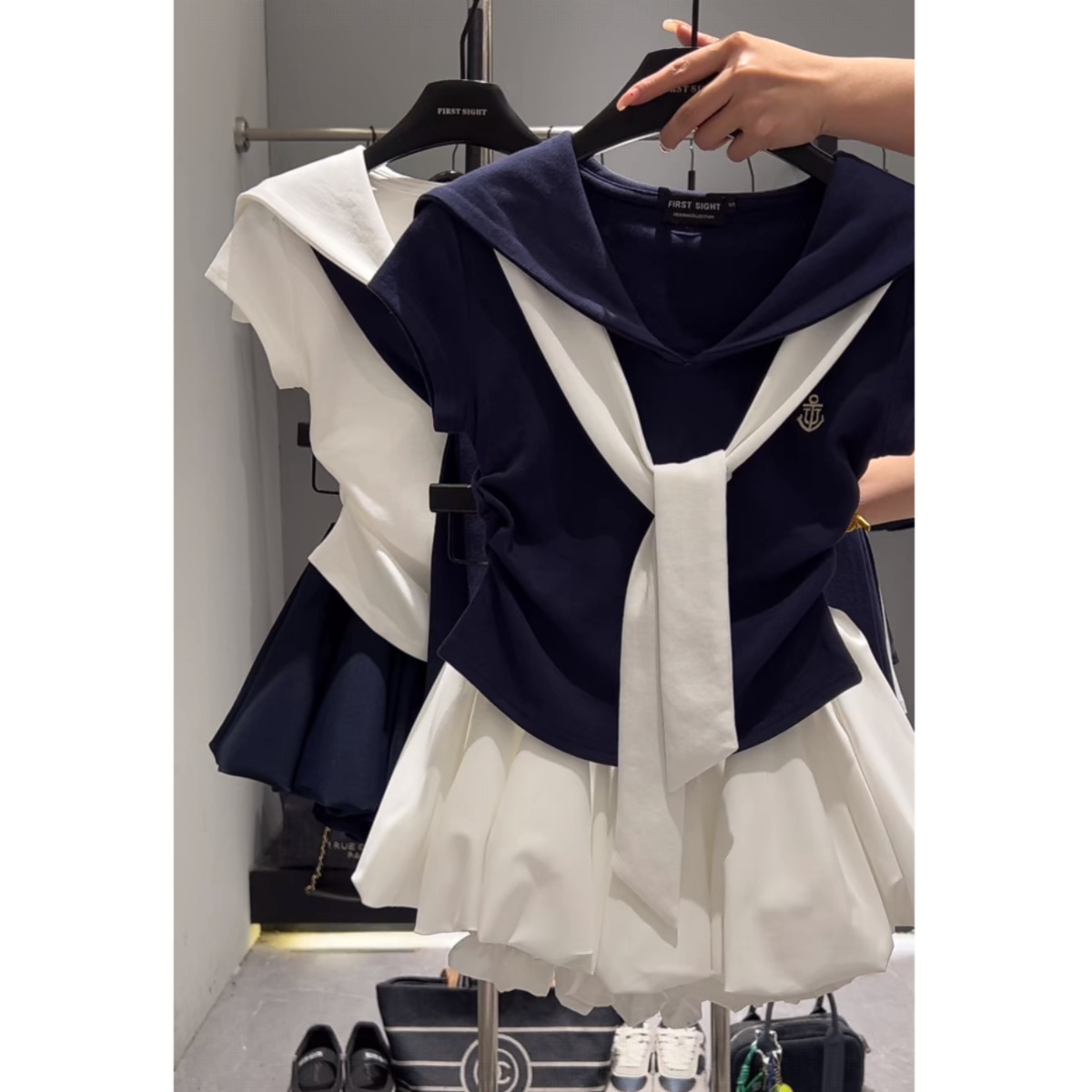 韩系一整套海军领休闲运动服套装女夏季假两件披肩+短裙两件套ins