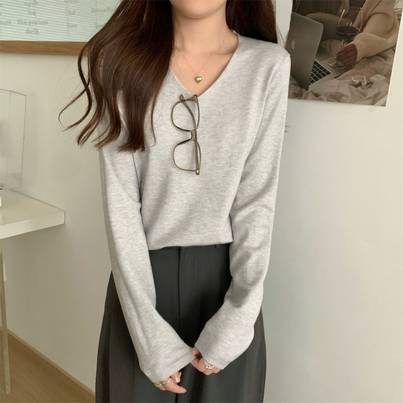 韩版基础款圆领卷边针织衫打底女早秋慵懒风毛衣长袖软糯内搭上衣|undefined