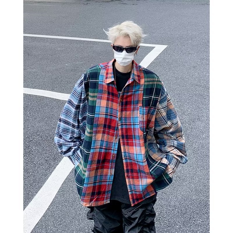2023 new street style stitching plaid shirt temporary exile spring and autumn plaid shirt coat one-piece delivery