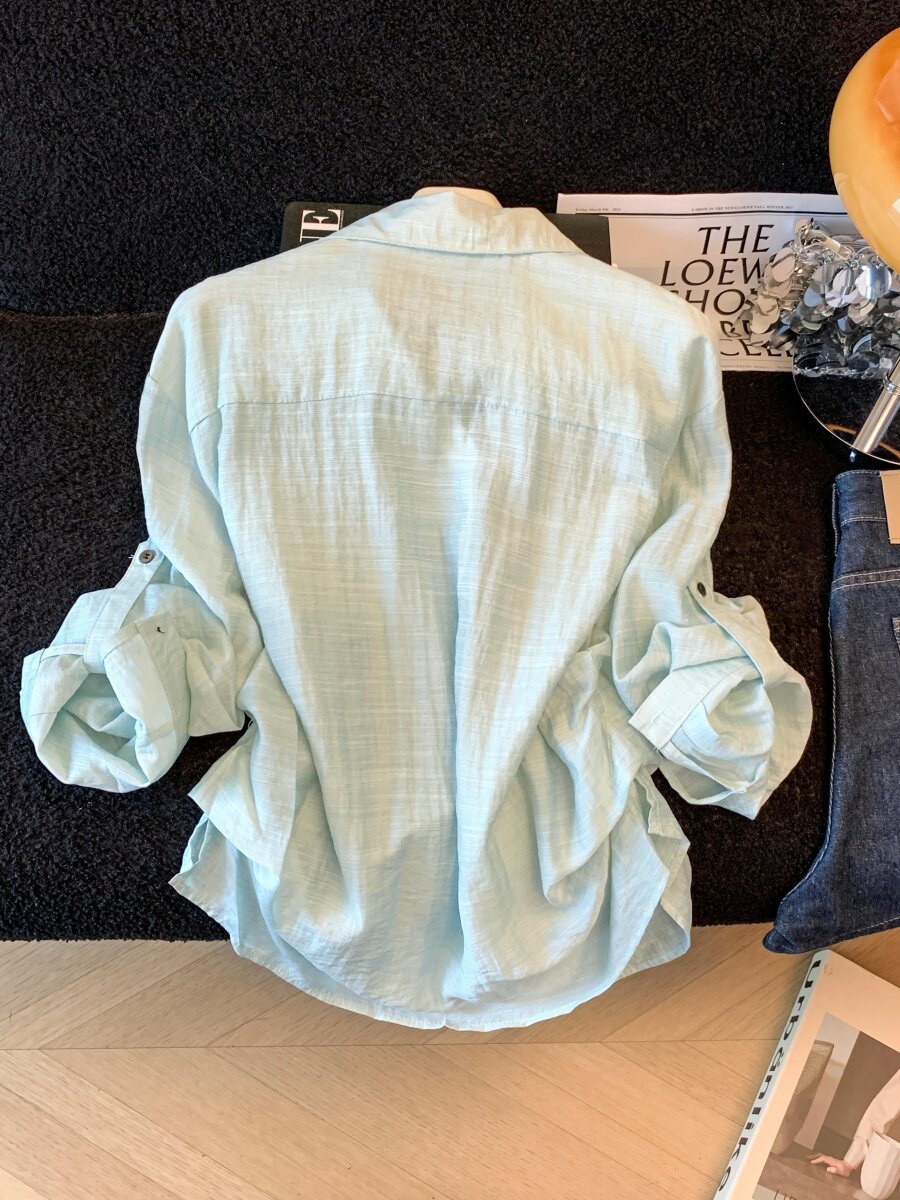 Áo sơ mi chống nắng nữ dài tay dáng rộng chất liệu linen thoáng mát — xanh lam chi tiết 11