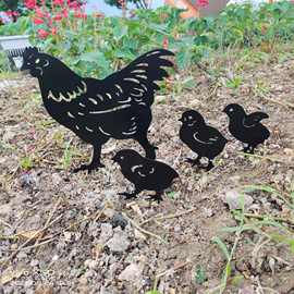 跨境园林母鸡小鸡金属镂空装饰创意庭院鸡一家插牌草坪鸡花园插件