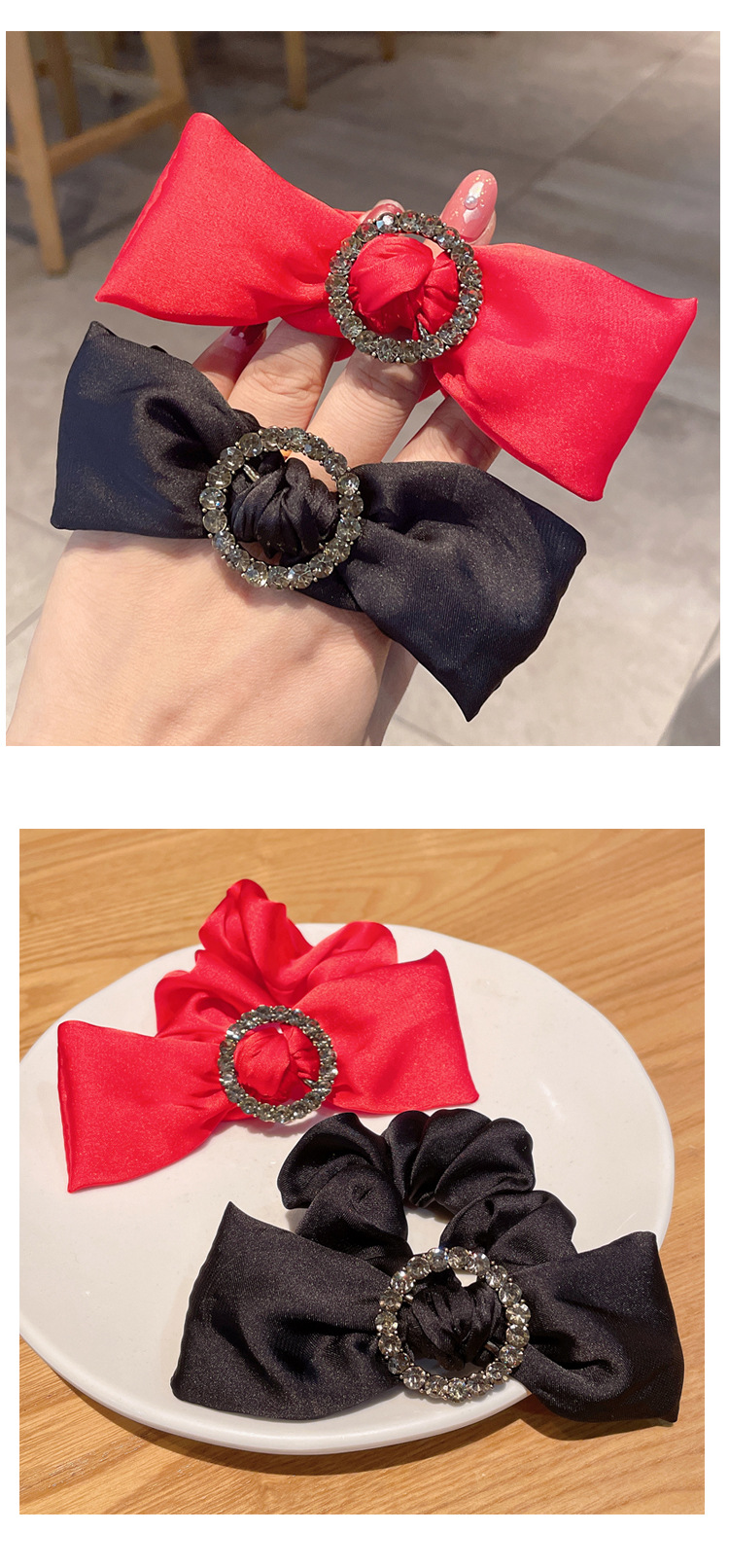 Retro Solid Color Bow Knot Round Buckle Rhinestone Hair Scrunchies Wholesale Nihaojewelry display picture 4