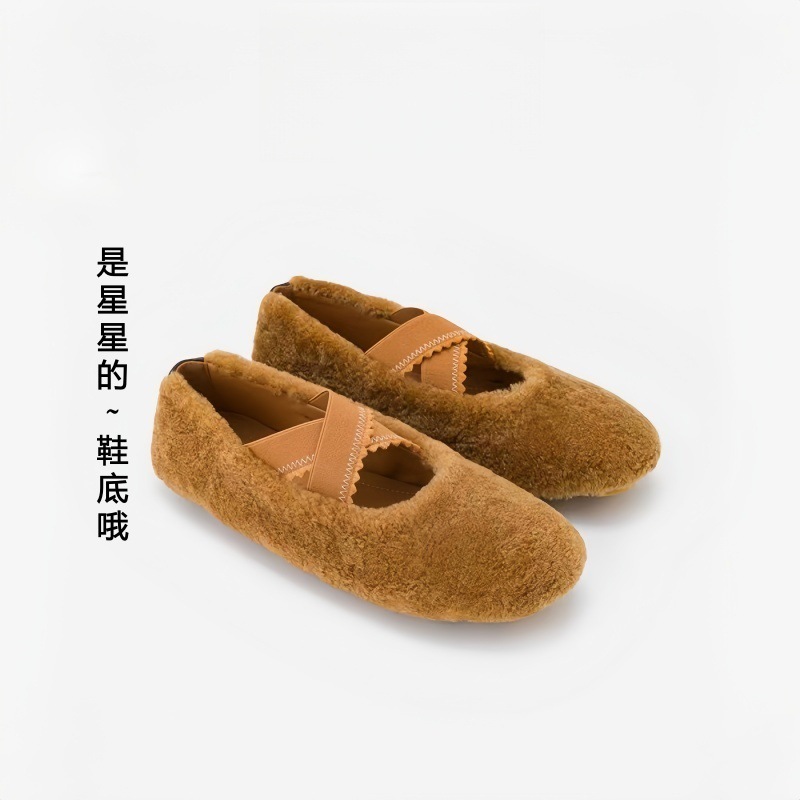 Sheepskin Version ~ French Retro Gentle Style Outer Wear Plush Cotton Shoes Women's Cross-Strap Mary Jane Ballet Shoes