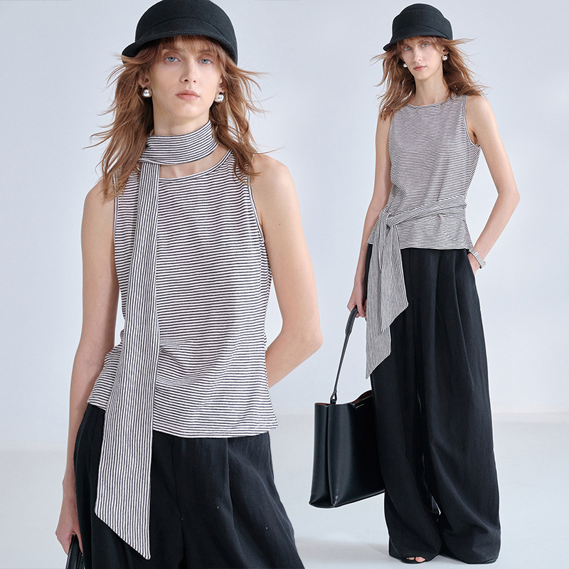 Fashionable Knitted Striped Vest with a Waist-Cinching Tie, Sleeveless Design, Bamboo Cotton Texture, Breathable Short Top