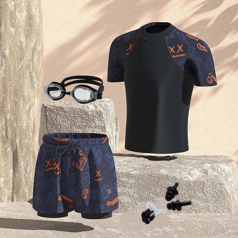 Orange bear suit + swimming goggles + nose clip earplugs