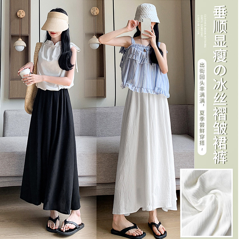 2026 Spring/Summer Thin White Ice Silk Skirt Pants for Women, Petite High-Waisted Flowing Pleated A-Line Skirt Pants, Directly Supplied by the Manufacturer