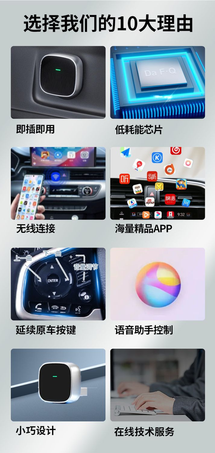 Wireless Carplay to Hicar Smart Box, Plug and Play, Automatic Connection, Compatible with Multiple Car Models, Volkswagen, Mercedes-Benz