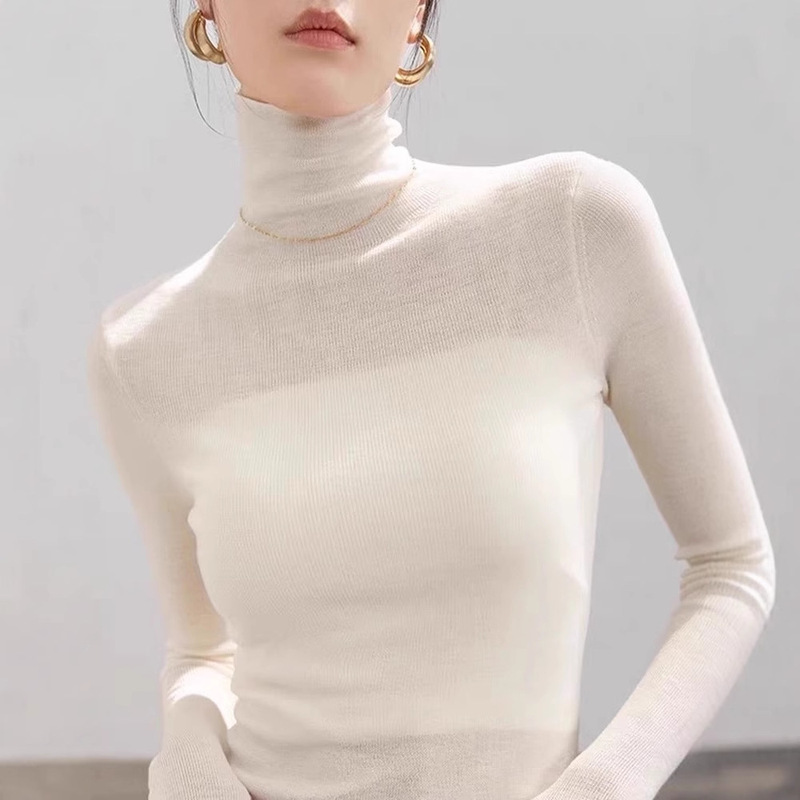 Real 18 Stitches! Fine-Spun Yangtze Yarn Wool Women's Slouchy Collar Sweater, Thin Tight-Fitting Knit Base Shirt, White, One Size