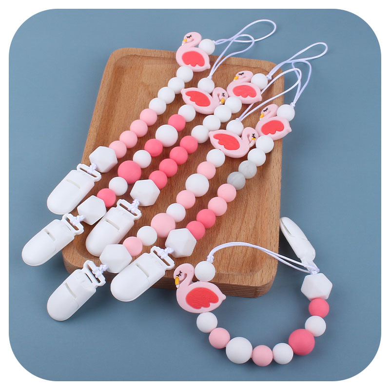 Bebé de dibujos animados animal Flamingo silicona teether bebé teether palo juguete teether pezón cadena anti-caída