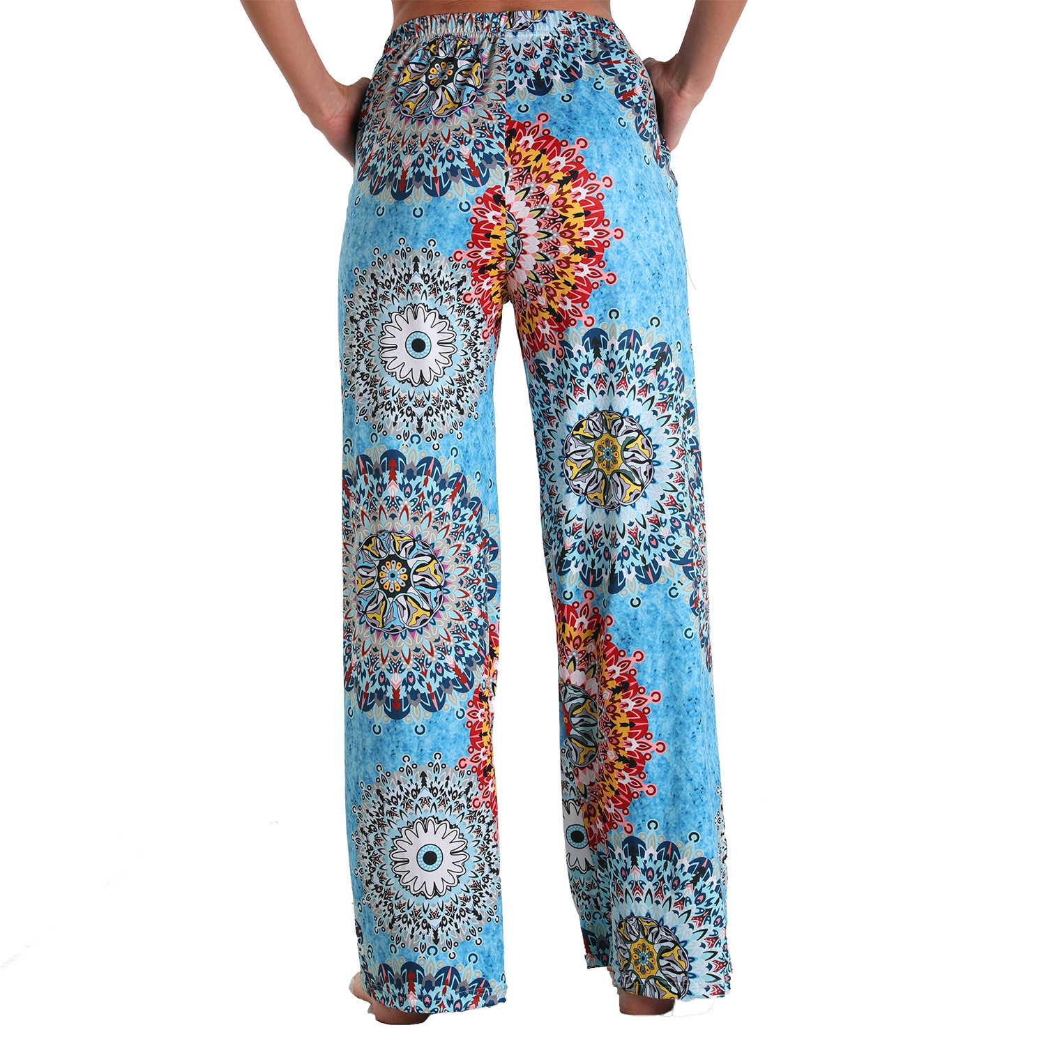 Spot TUME venta caliente 2025 pantalones casuales de comercio exterior europeo y americano estampado elástico pantalones de pijama sueltos rectos ropa de hogar mujeres