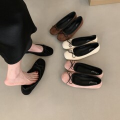 法式内增高绒面芭蕾舞单鞋女2025春秋季新款圆头浅口蝴蝶结晚晚鞋