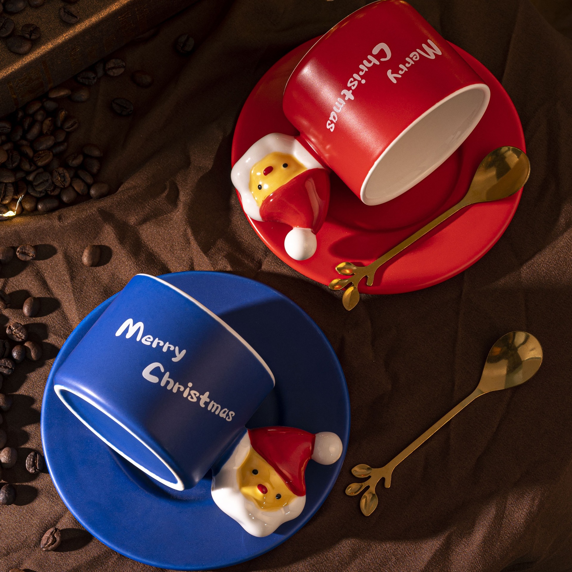 Creativo regalo de Navidad Red rojo de alto aspecto té de la tarde taza de café taza personalizada, plato y cuchara taza de combinación
