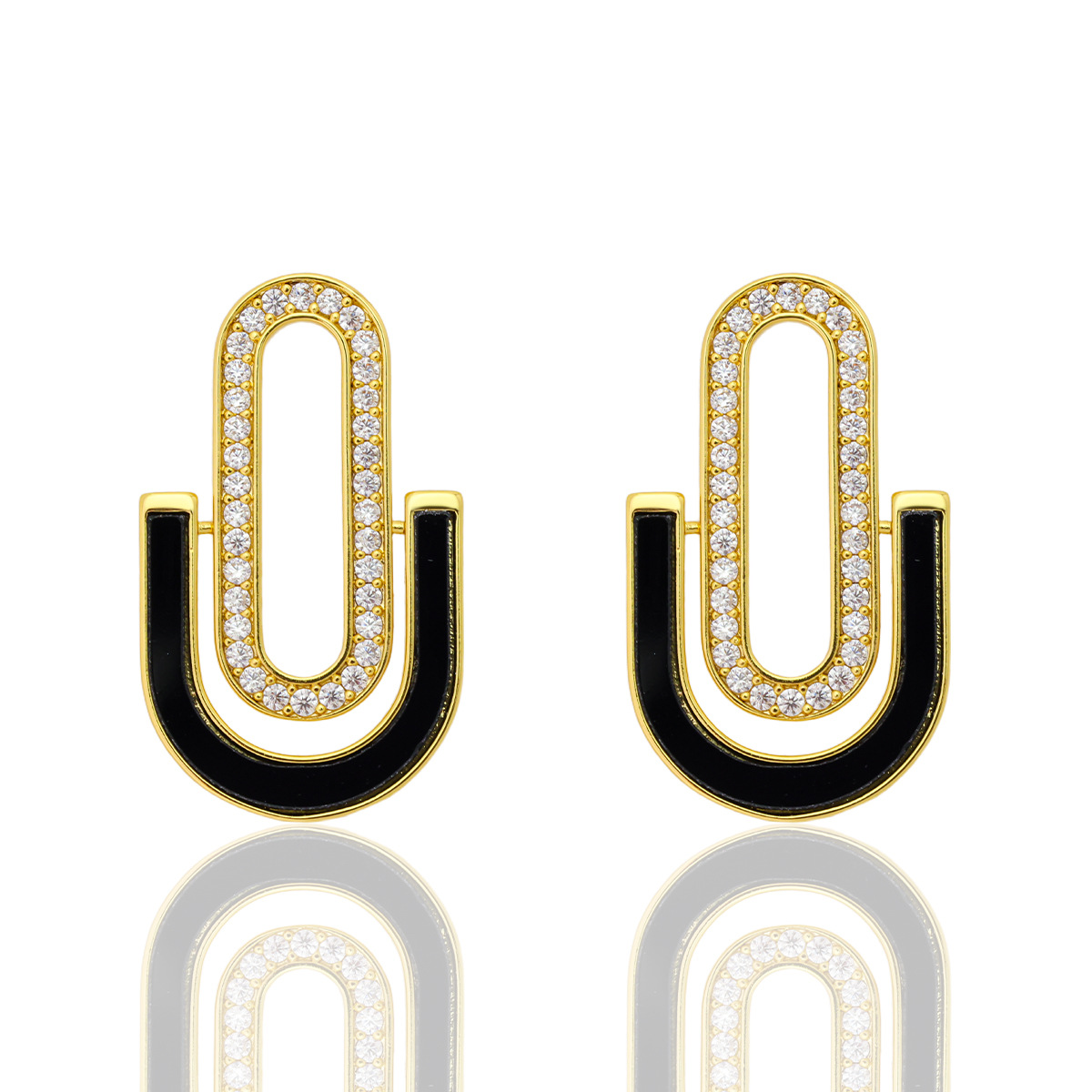 Geometric U-shaped Earrings for Women Brass Plated with 18K Real Gold Black and White Color Block Rhinestone Inlaid Architectural Style Cross-border Live Streaming Wholesale Supply