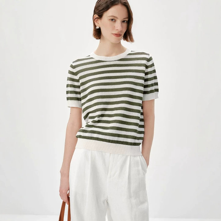 Mm2026 New Summer Style Military Green Simple and Versatile Striped Round Neck Short-Sleeved Knitwear for Women 5H5131531