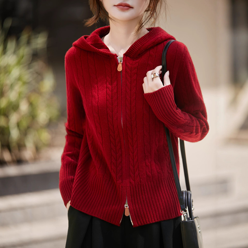 2025 New Autumn and Winter Seven-Needle Thickeneded Woolen Sweater Hooded Knitted Cardigan Double Zipper Twisted Pure Color Top for Women