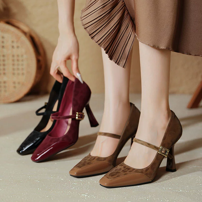 Французская Мэри Джейн красные каблуки на каблуках 9cm сексуальный 2025 новый леопардовый сшитый квадратный туфли на высоком каблуке