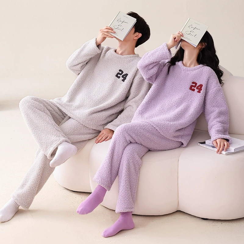 Бархатные демисезонные pijama для любимого, тёплый комплект для отдыха для мужчин и женщин, простой и элегантный дизайн, корейский стиль, круглый воротник