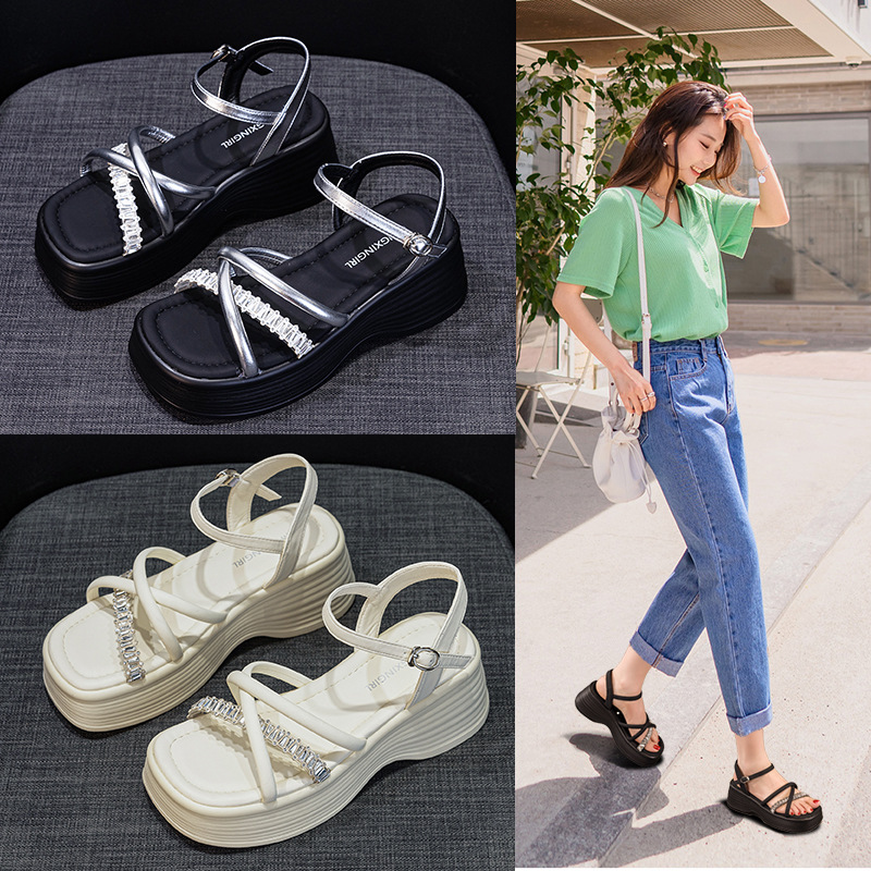 Sandal nữ đế dày đính đá hở mũi gót platform 9 cm — M2901 đen, M2901 be, M2901 bạc