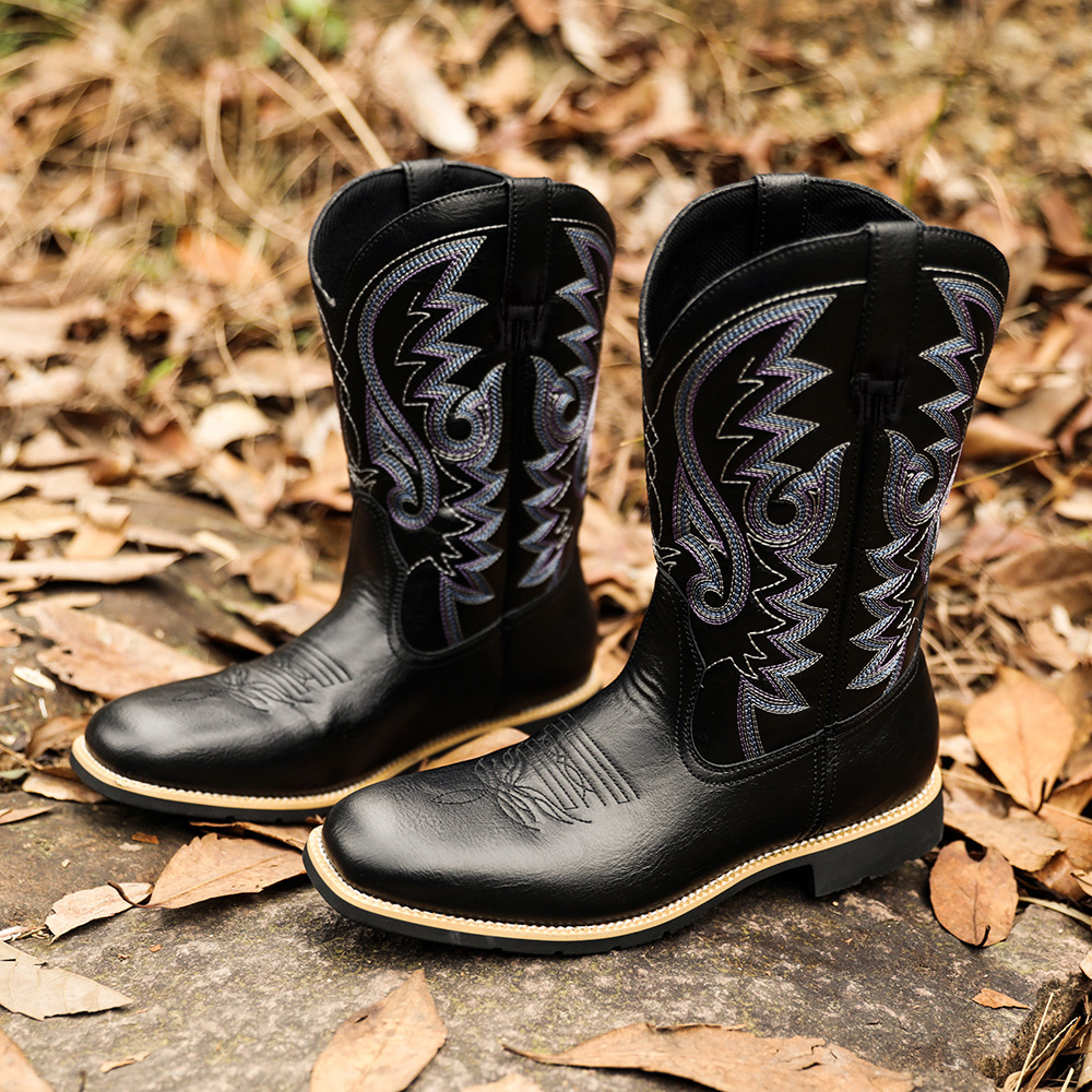 Cizme de cowboy western înalte, brodate, vintage, cu cap lat, pentru bărbați_voghion.com