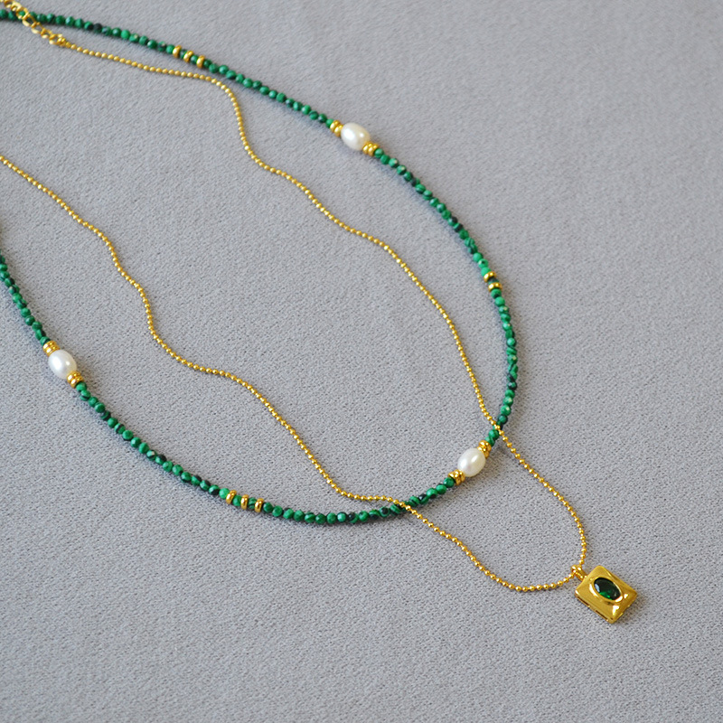 Plating Design Casual Vintage Style Geometric Malachite Brass Beaded Chain Ball Chain Pendant Necklace In Bulk