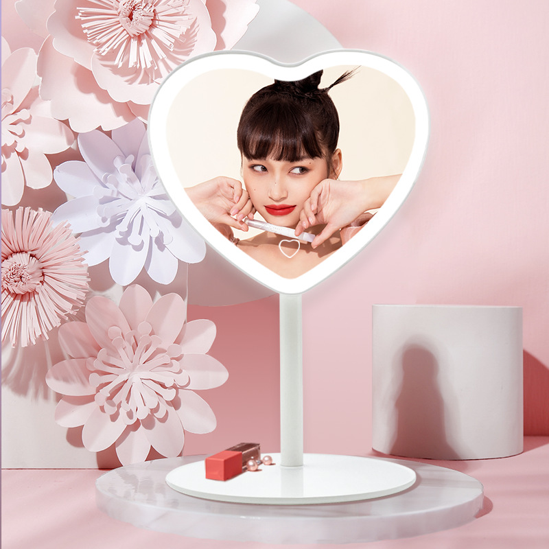 Venta directa de fábrica espejo de maquillaje led en forma de corazón espejo de tocador de escritorio con espejo de maquillaje de belleza ligero espejo de maquillaje de escritorio al por mayor transfronterizo