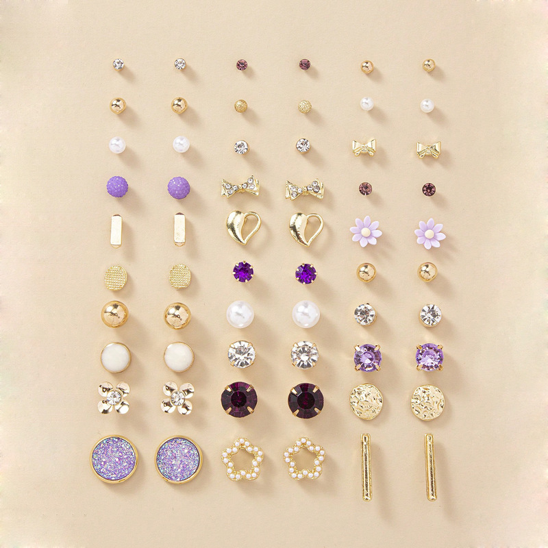 New 30 Pair Combination suit Earrings Purple Flower Pearl Geometric Earrings Premium Joker