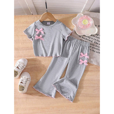 跨境Grey Knit Short Sleeve Bowknot Top Bell Bottom Pants|ms
