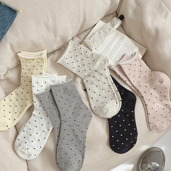 Polka-Dot Socks for Women, Same Style as on Xiaohongshu: Ribbed Mid-Calf Socks in Japanese Style, Cotton, with Rolled Edges—2024 New Collection
