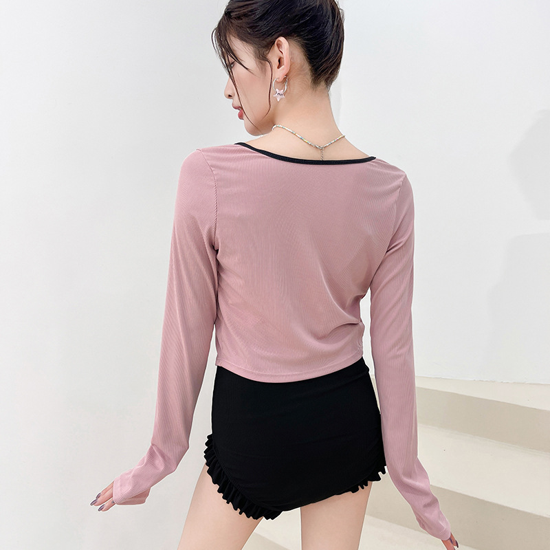 Traje de baño de dos piezas para mujer, estilo nuevo 2025, dulce estilo bailarina, rosa, conservador, de manga larga, para vacaciones