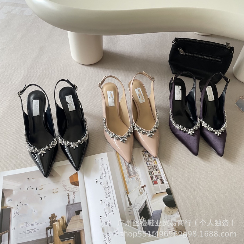 Feng Shui Pure Desire Diamond Thin Heel Sandals Banquet Pointed Toe New Style Patent Leather High Heels 2025 Autumn Light Luxury Sexy