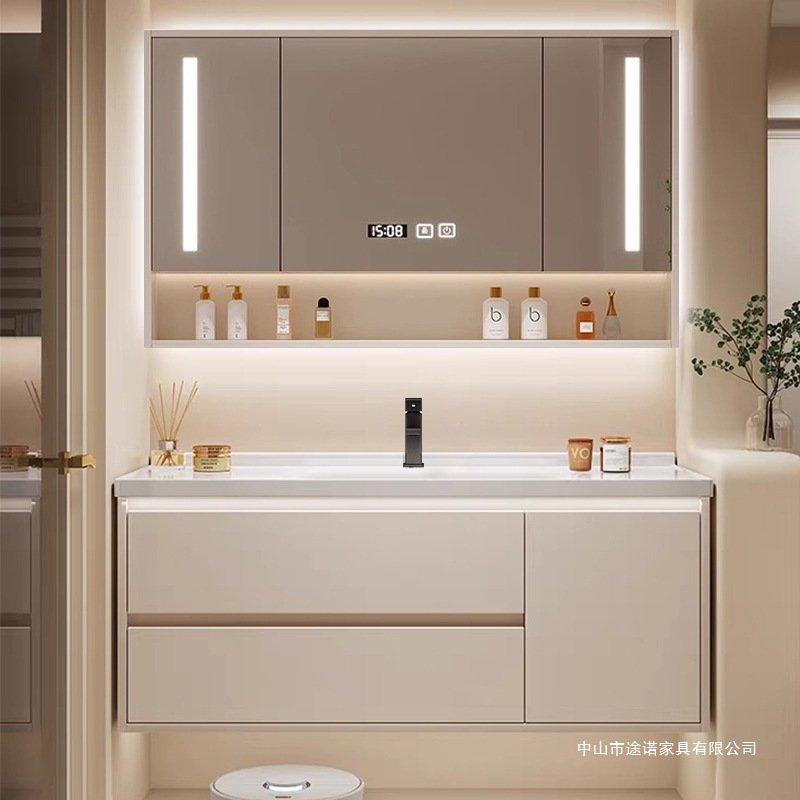 Simple Solid Wood Ceramic Integrated Basin Bathroom Cabinet Combination Bathroom Sink Washbasin Washstand Smart Mirror Cabinet